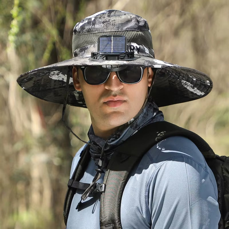 Stylish Wide Brim Solar Fan Hat for Outdoor Fishing - UPF 50+ Sun Protection for Men and Women