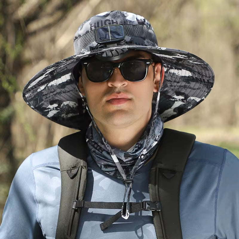 Stylish Wide Brim Solar Fan Hat for Outdoor Fishing - UPF 50+ Sun Protection for Men and Women